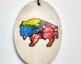 Psychedelic Buffalo Ornament – Painted Bison – Animal Art – Colorful pottery – Alcohol Ink painting – home décor – one of a kind OOAK