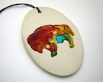 Buffalo Ornament – Alcohol Ink Art – Decoración Pintada – Decoración del Hogar – Pintura Bisonte – Cerámica de Bellas Artes – Colores Abstractos