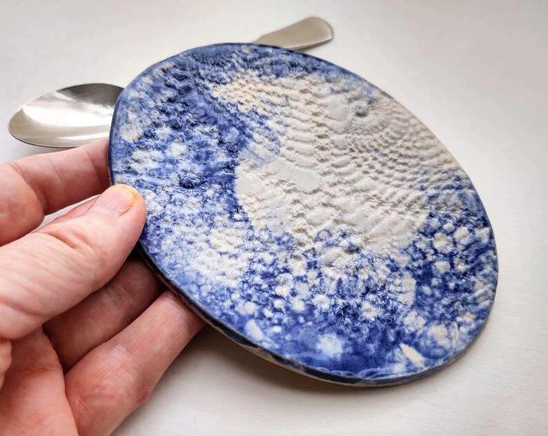 Blue Lace Plate White Pottery ceramic dessert dish spoon rest decorative plate stoneware pottery doily design image 5