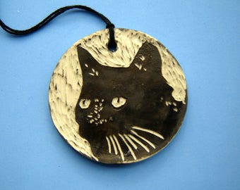 Black Cat Ornament – gift for cat lover - sgraffito pottery – home décor – gift tag – black and white – ceramic decoration