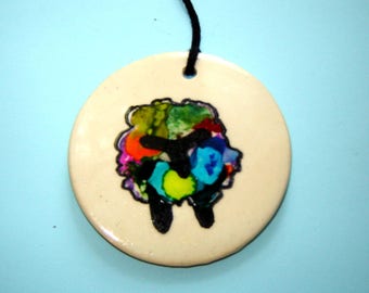 Sheep Ornament – Alcohol Ink Painting – Handmade Ceramics – Gift for Knitter – Farm Animal – Colorful Decoration – Wall Hanging