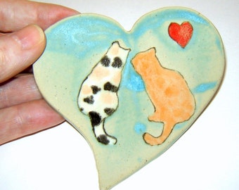 Calico and Orange Tabby Cat - Heart Dish - Tea Bag Holder - Spoon Rest - Painted Cats Plate - Home Decor