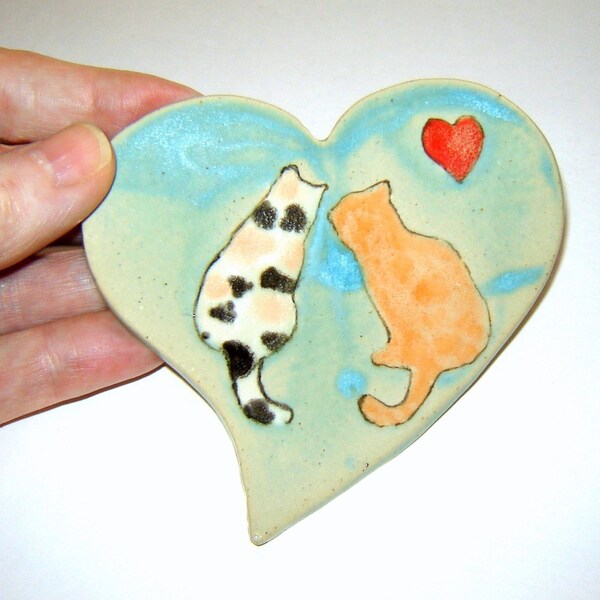 Calico and Orange Tabby Cat - Heart Dish - Tea Bag Holder - Spoon Rest - Painted Cats Plate - Home Decor