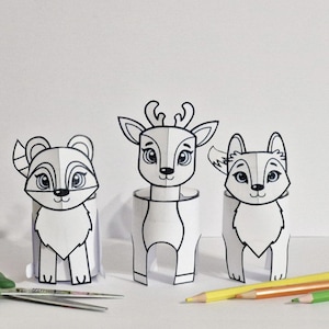 Attività fai da te con animali del bosco da stampare e colorare per bambini: giocattoli di carta con animali del bosco da ritagliare e colorare, progetto educativo scaricabile immediatamente.