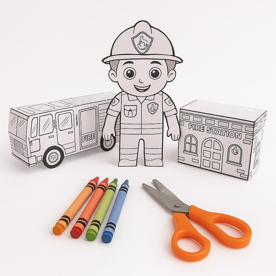 Printable Firefighter Craft Set for Kids, DIY Paper Fire Truck Station ...
