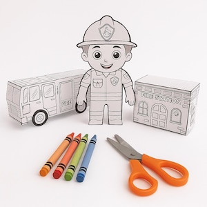 Druckbare Feuerwehrmann Bastelset für Kinder, DIY Papier Feuerwehrstation und Charakter, Schnitt und Farbe Aktivität, Sofort Download