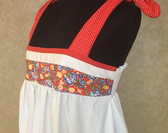1970s Vintage Red on White Floral Applique Polkadot Print Cotton Sundress S M