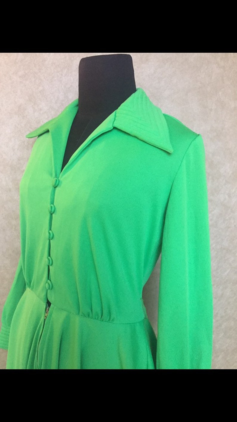 Vintage 1970s Green Button Front Point Collar Disco Dress M