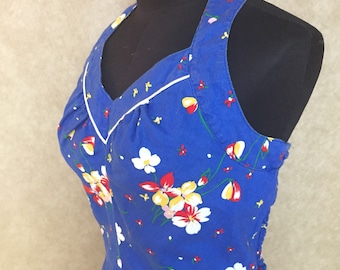 Vintage 1970s Blue with Floral Print Cotton Halter Sundress S