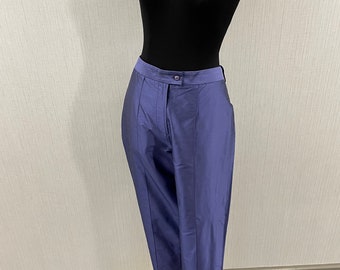 vintage c1980s Pantalon en soie bleu éclat métallisé M L