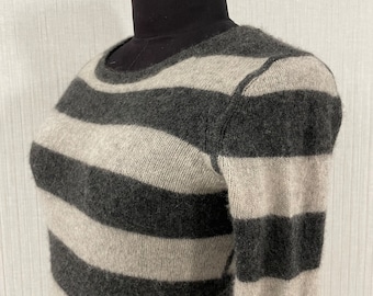 Vintage Modern Luxury Dark Grey and Light Grey Striped Cashmere Crewneck Sweater  XS