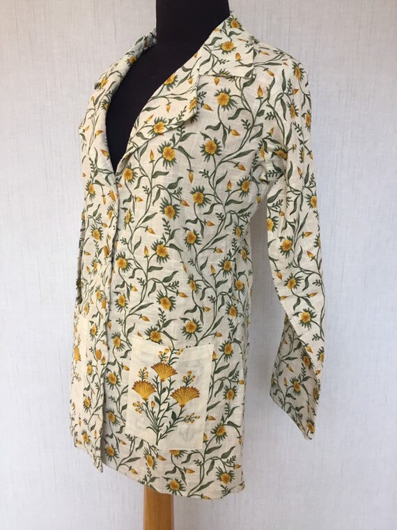 Vintage and handmade cottonlinen bright yellow jumpsuit with cool geometric neckline free shipping