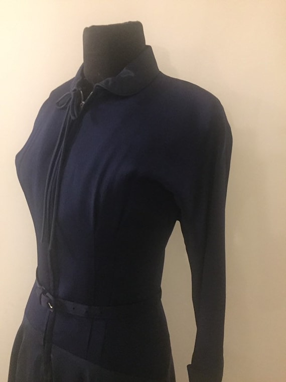 Vintage 1940s Navy Rayon Taffeta Zip Front Dress S