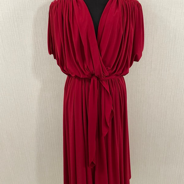 Vintage 1970/80s Jewel Tone Burgundy Red Rhinestone Shoulder Deep V Disco Dress  S-L