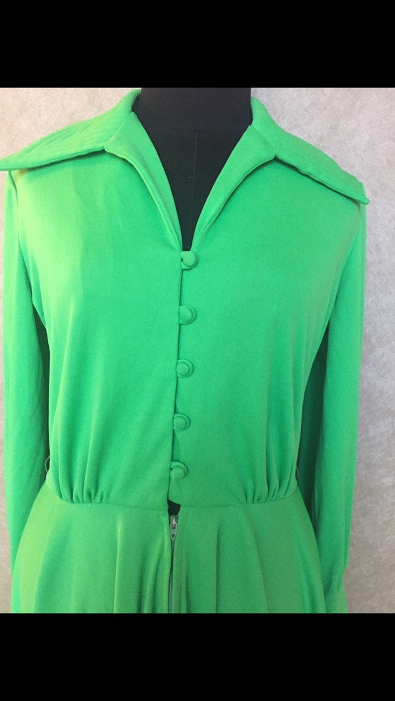 Vintage 1970s Green Button Front Point Collar Disco Dress M