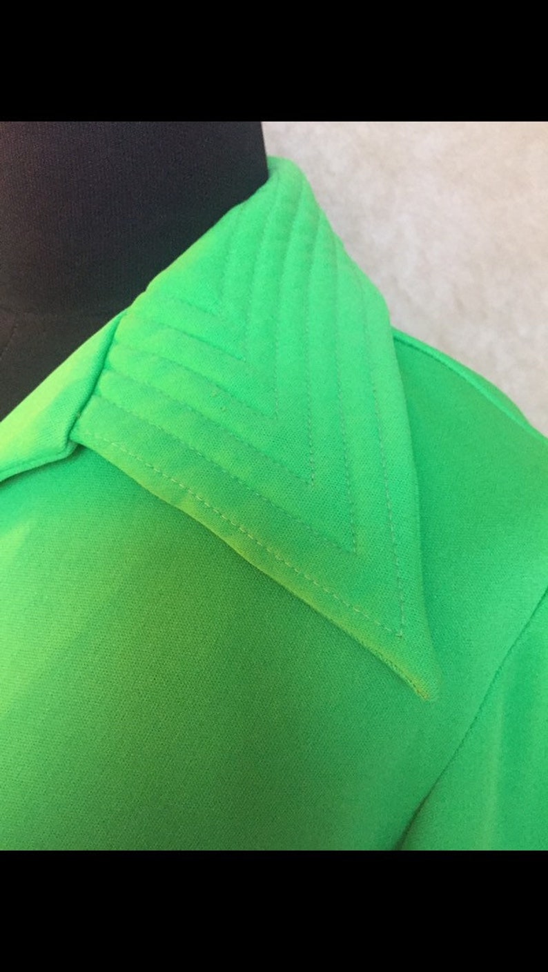 Vintage 1970s Green Button Front Point Collar Disco Dress M