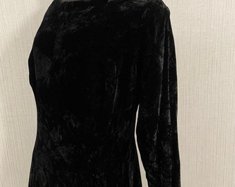 Vintage 1970s Luxury Black Crushed Velvet Deep V Back Maxi Dress  M