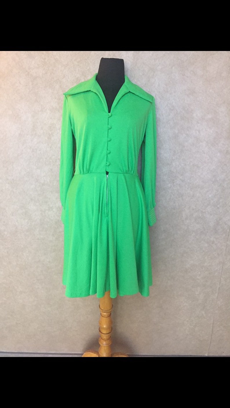 Vintage 1970s Green Button Front Point Collar Disco Dress M