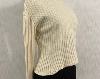Vintage Modern Luxury Giorgio Armani Designer Cream Coloured Wool Mock Neck Short Flared Shape Wool Sweater  S