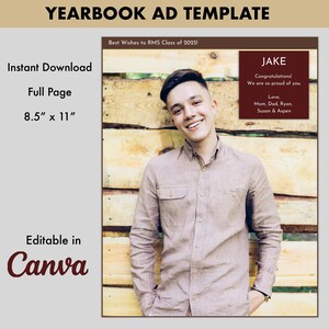 May include: A yearbook ad template featuring a smiling young man in a light brown shirt standing in front of a wood panel background. The ad includes the text "Best Wishes to RMS Class of 2025!" and "JAKE Congratulations! We are so proud of you. Love, Mom, Dad, Ryan, Susan & Aspen".