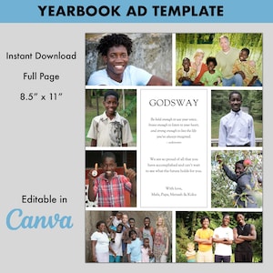 May include: A yearbook ad template featuring a collage of family photos. The ad includes the name "GODSWAY" and a quote about being bold, brave, and strong. The ad is 8.5 inches by 11 inches and is editable in Canva.