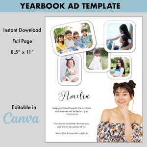 May include: A yearbook ad template featuring a collage of photos of a young girl with her family. The ad includes the girl's name, "Amelia", a quote about sunshine, and a message from her family. The template is editable in Canva and is 8.5 inches by 11 inches.