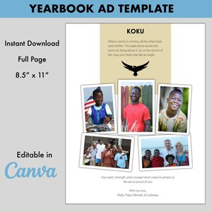 May include: A yearbook ad template featuring a photo collage of a young boy with his family. The ad includes the name "KOKU" and a quote about the strength of an eagle. The text reads "When a storm is coming, all the other birds seek shelter. The eagle alone avoids the storm by flying above it. So, in the storms of life, may your heart soar like an eagle." The ad also includes the text "Your spirit, strength, and courage never cease to amaze us. We are so proud of you. With our love, Mafa, Papa, Mensah, & Godsway."