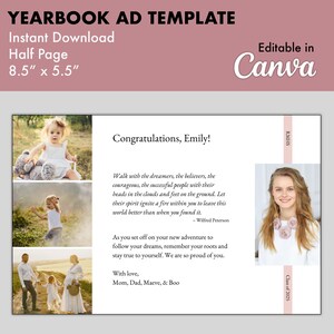May include: A pink and white yearbook ad template with a photo of a young woman and a quote about dreams. The text reads "Congratulations, Emily!" and "Walk with the dreamers, the believers, the courageous, the successful people with their heads in the clouds and feet on the ground. Let their spirit ignite a fire within you to leave this world better than when you found it. -Wilfred Peterson".