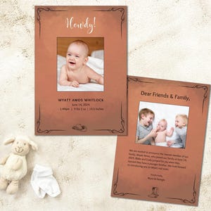 Faire-part de naissance en toile sur le thème western. Bonjour / Carte de bienvenue avec photo pour nouveau-né. Modèle modifiable. Téléchargement instantané. Personnalisez et imprimez.
