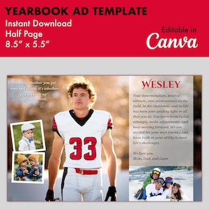 May include: A yearbook ad template with a red background and the text "Editable in Canva". The ad features a photo of a young man wearing a football jersey with the number 33. The ad also includes a quote by Vince Lombardi and photos of a family.