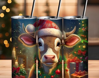 Christmas Cow 20oz Skinny Tumbler Wrap, Holiday Sublimation Design, Digital Download PNG, Santa Cow Tumbler Wrap PNG