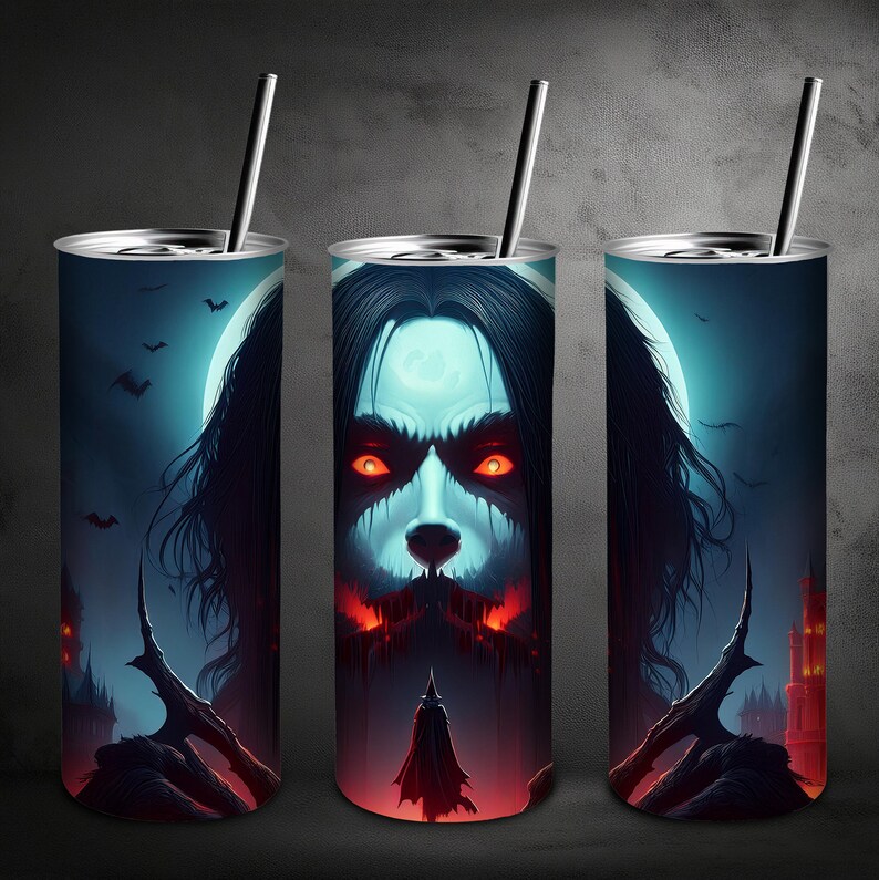 May include: Three stainless steel tumblers with a graphic of a vampire with glowing red eyes and a dark castle in the background. The tumblers are a dark blue color with a white moon in the background.