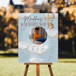 Boy&#39;s Beary First Birthday, Hot Air Balloon Milestone Poster Template