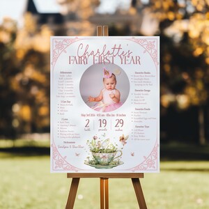 Plantilla de póster de los hitos del primer año de hadas del jardín de cuentos encantadores, archivo digital con brillo y magia caprichosos, decoración personalizada para recuerdos de fiesta