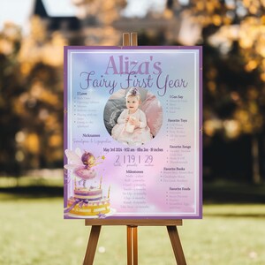 May include: A framed poster on an easel with the text "Aliza's Fairy First Year." The poster features a photo of a baby, a fairy cake illustration, and details like milestones and favorite things. The baby's height is 48 cm.