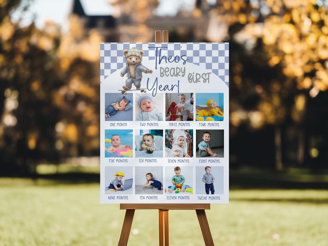 Blue Gingham Beary First Birthday Photo Board Poster Template ...