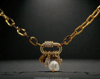 Gold Carabiner Charm Necklace, Pearl, Crystal, CZ Cross