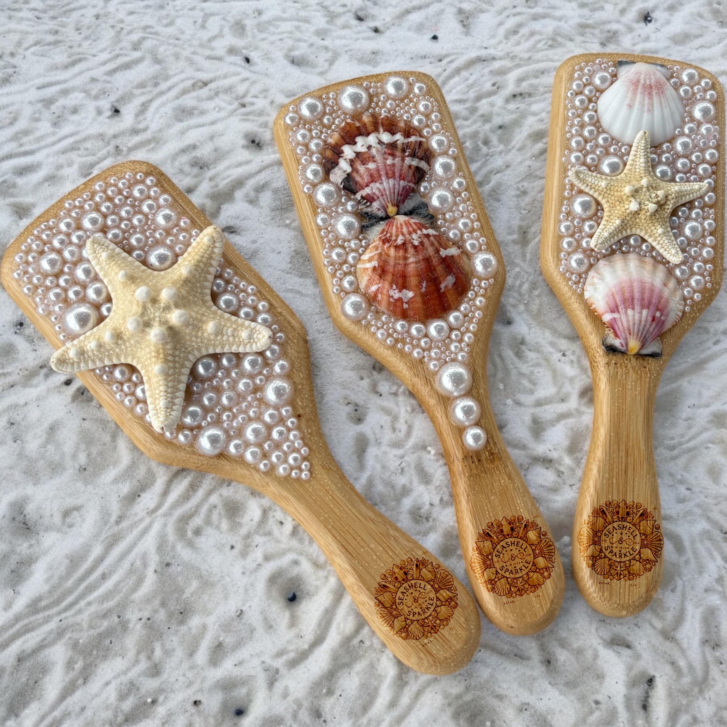 Handmade Seashell Hair Brush: Bamboo Paddle Brush With 