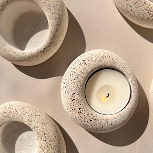 Handmade Jesmonite Tealight Holder Set: Beige Pebble Candle Decor