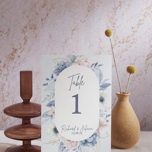 FRENCH BLUE | Floral Table Number Template, French Blue Wedding Table Numbers, Table Number Sign Editable, Dusty Blue Table Decor Signage