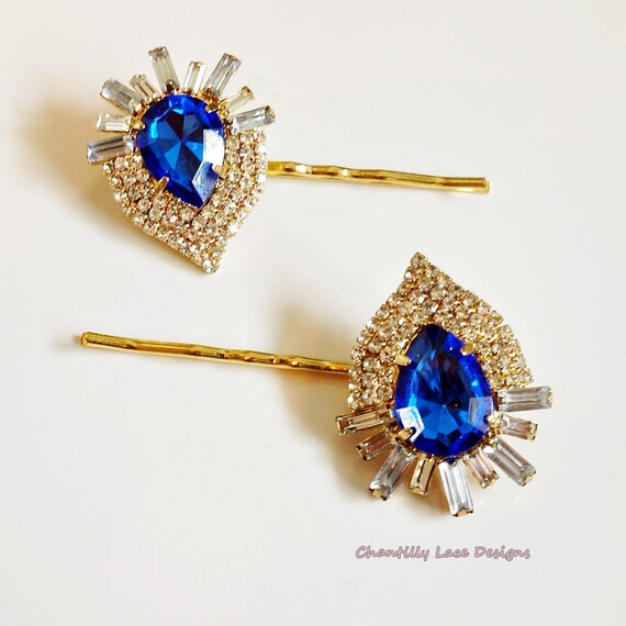 Sapphire Rhinestone Gold Bobby Hair Pin Set Etsy