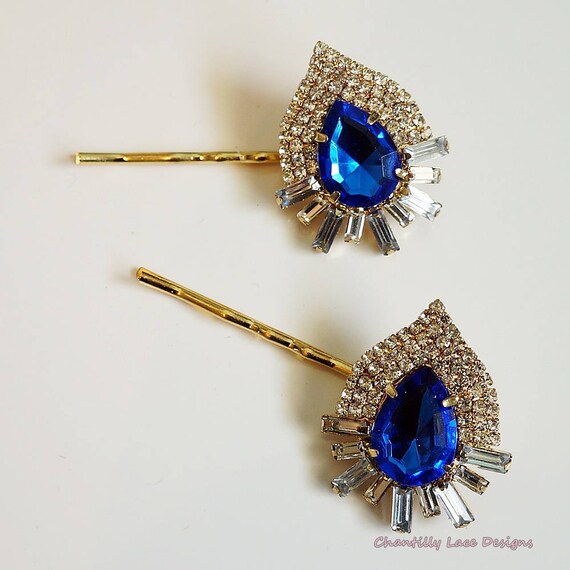 Sapphire Rhinestone Gold Bobby Hair Pin Set Etsy