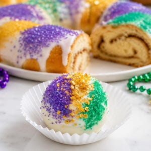 May include: A round cake pop coated in white icing and topped with purple, gold, and green sugar crystals, resting in a white paper liner. In the background, a sliced ring-shaped pastry features similar icing and colored sugar decorations.