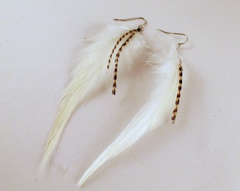 Small white and grizzly feather earrings dangler natural feathers