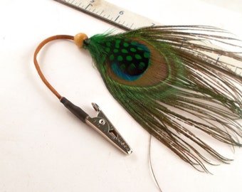 Peacock Feather with green polka dots feather hair clip Feather Hair Extension