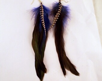 Natural Raven Black dyed Dark blue feather earrings with grizzly