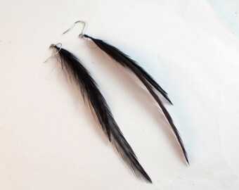 Black Feather Earrings thin stirling silver gold filled clip on
