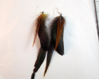 Fall fusion natural feather earrings hand made long tribal