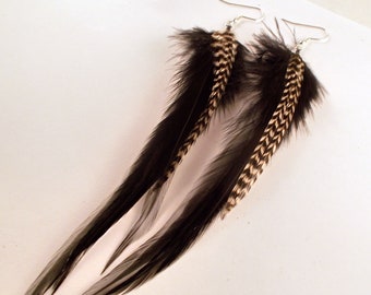 Natural Raven Black feather earrings with grizzly Hypoallergenic