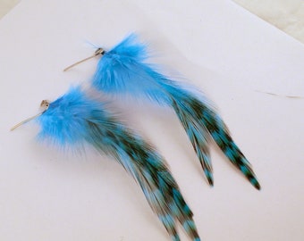 Tiger stripe dangler feather earrings blue grizzly